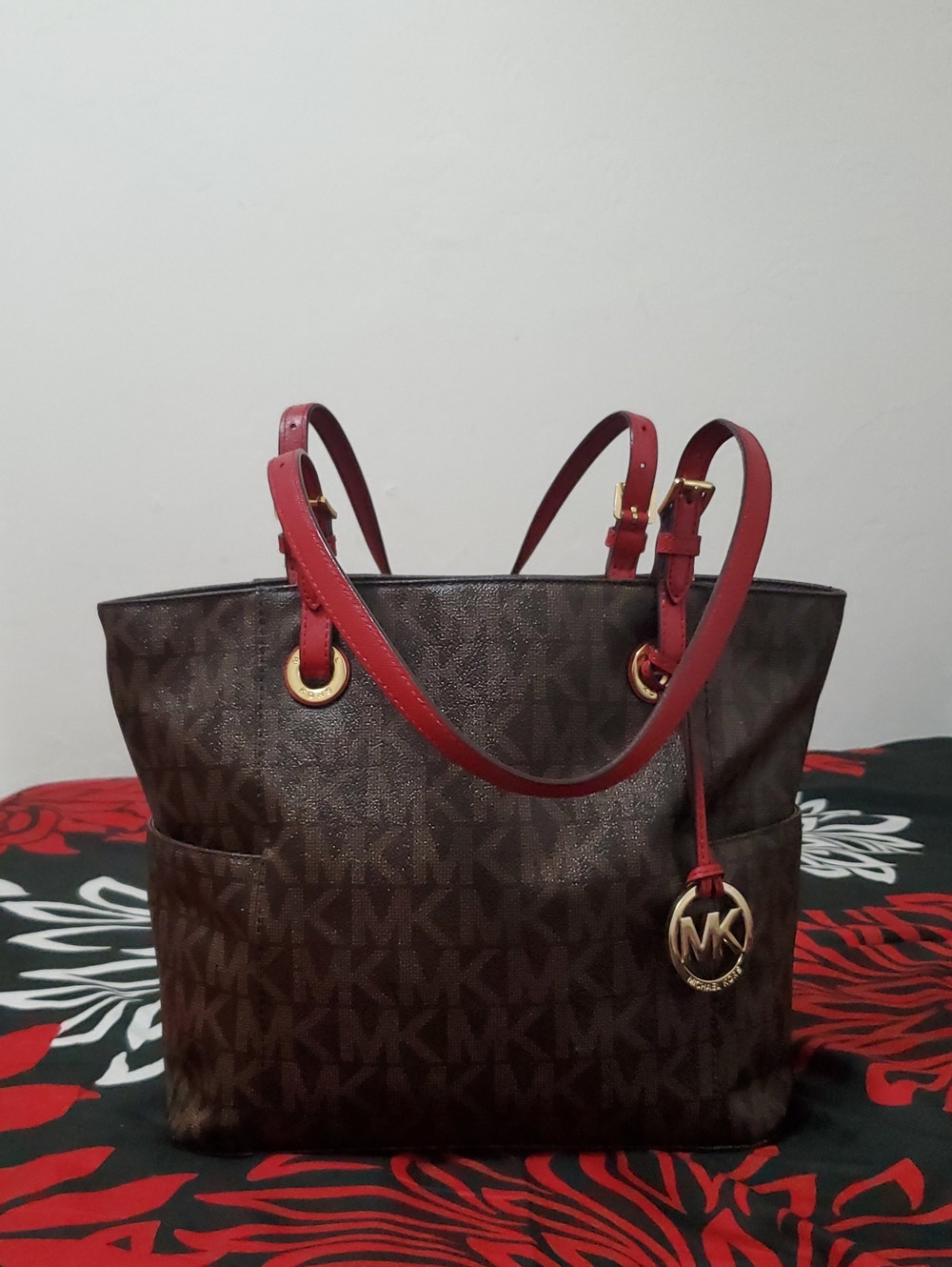 Michael Kors Jet Set Brown and Red Monogram Tote Bag